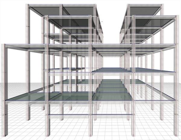 Εικόνα Δ.1-2: Το χωρικό προσομοίωμα του σκελετού του κτιρίου με τις ράβδους δοκών και κολονών και τα διαφράγματα
