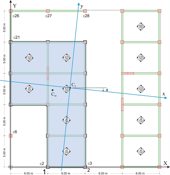 Εικόνα Δ.1-3: Η κάτοψη της 5<sup>ης</sup> στάθμης και το αριστερά διάφραγμα που θα εξετασθεί στη συνέχεια. Οι κολόνες έχουν διατομή 500/500, τα τοιχία 2000/300 και οι δοκοί 300/500.